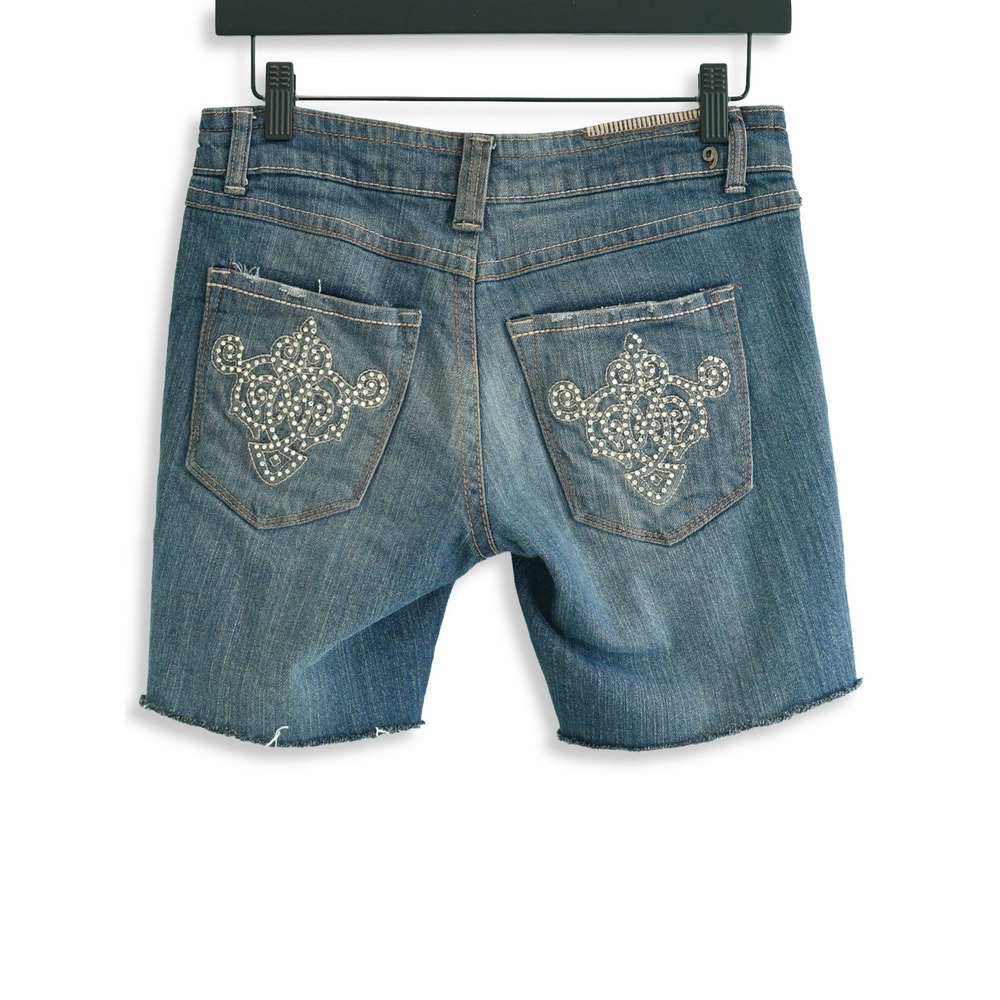 Nine Rivets Denim Shorts Womens 5 Embellished Rhinestone Cutoff Y2K‎ Low Rise